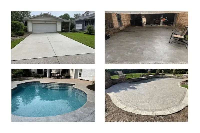 Collage showing different concrete applications: driveway, garage floor, patio, and pool deck with sealant
