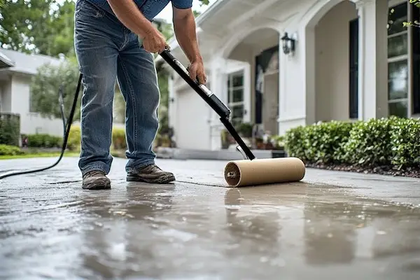 Homeowner applying concrete sealer to a driveway with a roller, showing the wet application process