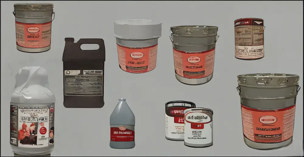 Different types of concrete sealer containers showing acrylic, epoxy, polyurethane, penetrating, and polyaspartic varieties