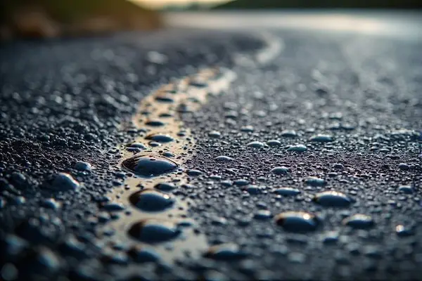 Water beading test on new asphalt showing droplets sitting on surface, indicating not ready for sealing