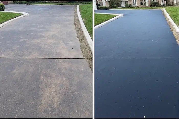 Comparison of faded, worn driveway versus freshly sealed driveway showing the difference in appearance