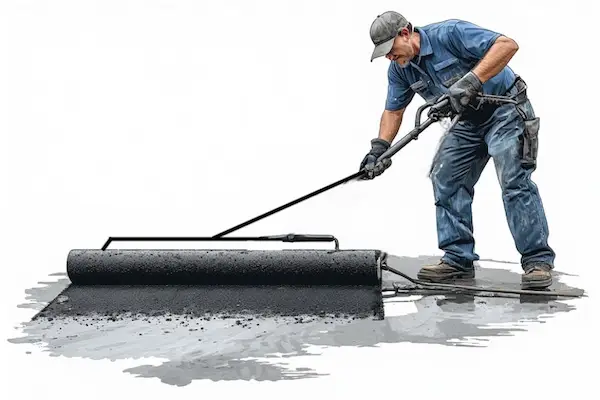 Proper application of asphalt sealer with squeegee and roller showing professional technique