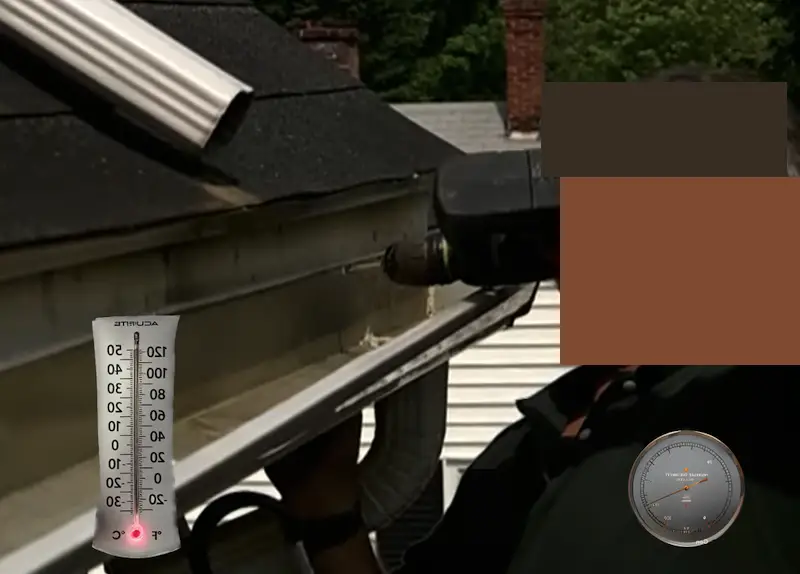 Thermometer and hygrometer showing temperature and humidity readings near a gutter being repaired
