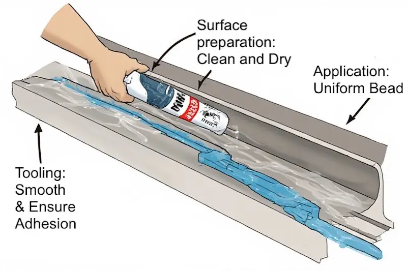 Cross-section diagram showing proper gutter sealant application with backer rod and correct bead thickness