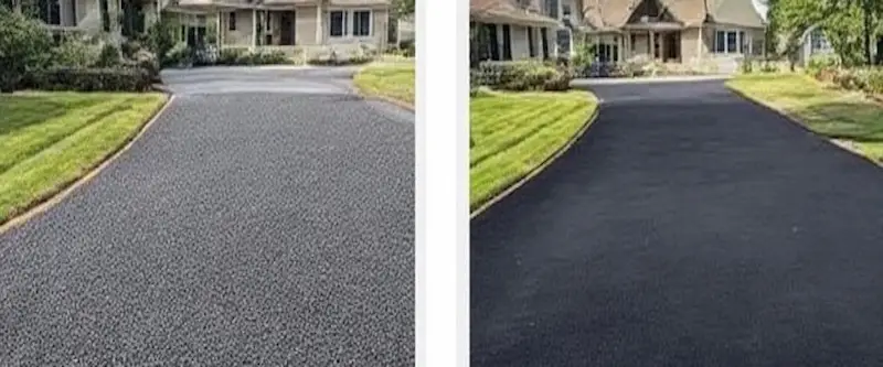 Side-by-side comparison showing a repaired section versus a fully replaced driveway with new asphalt