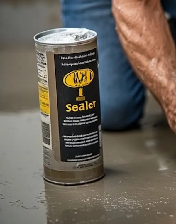 Homeowner applying cement sealer to a concrete patio with a roller, showing the wet application process