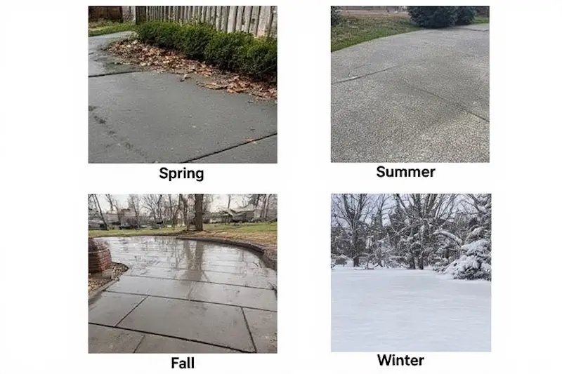 Four seasonal images showing concrete sealing in spring, summer, fall, and winter conditions