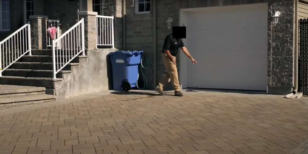 Une maison résidentielle avec un homme debout sur l'allée, pointant vers une allée récemment pavée avec des pavés rectangulaires.